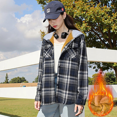 Camisa Cuadros Holgada con Capucha para Mujer