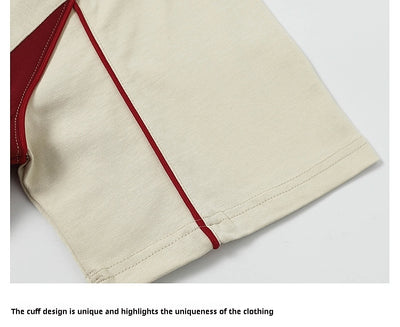 Men's khaki and red color contrast patchwork t-shirt with short raglan sleeves and a V-neck. - Image 13