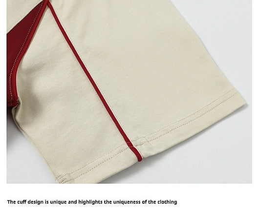 Men's khaki and red color contrast patchwork t-shirt with short raglan sleeves and a V-neck. - Image 13