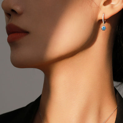 Women's light luxury jewelry set with a silver-toned necklace and hoop earrings, each featuring a sea blue artificial diamond pendant and clear artificial diamo - Image 3