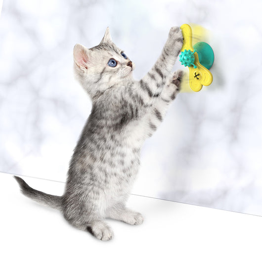 Green and yellow butterfly cat turntable toy with a textured ball, designed as a bite toy for cats. - Image 5