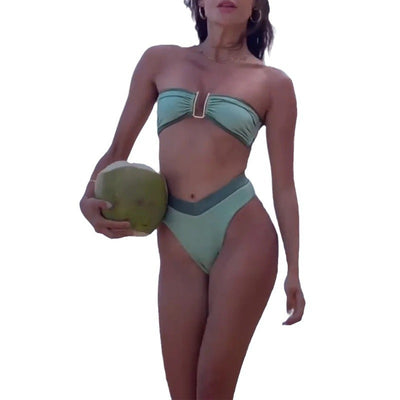 Women's mint green strapless bandeau bikini with olive green contrast trim and high-cut bottoms, featuring a gold clasp. - Image 5