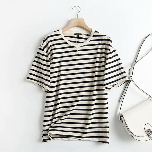 Camiseta de Rayas Marineras Cuello Redondo Manga Corta