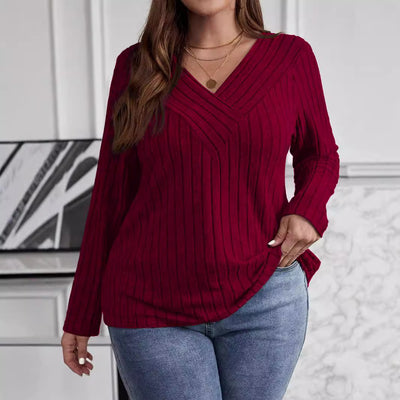 Suéter Tipo Polera Plus Size Cuello V Cruzado Manga Larga Textura Acanalada - Image 3