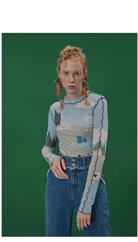 Blusa de Algodón Estampada con Diseño Patchwork y Bajo Texturizado