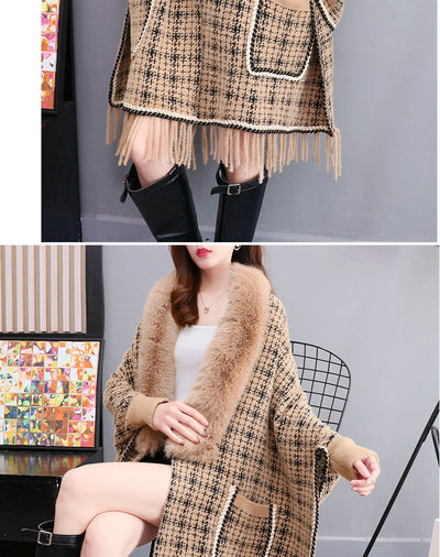 Poncho Cárdigan de Invierno con Cuello de Pelaje Sintético y Borlas - Talla Grande - Image 13