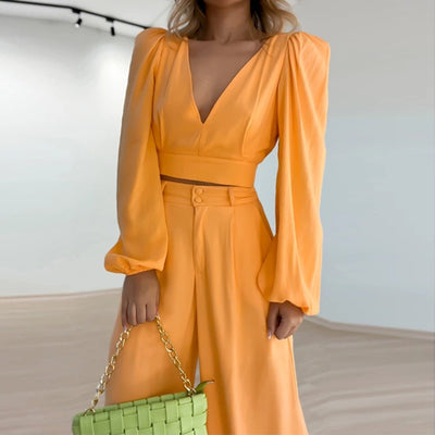 Conjunto Elegante de Blusa V-Neck y Pantalón Wide Leg de Cintura Alta - Image 13