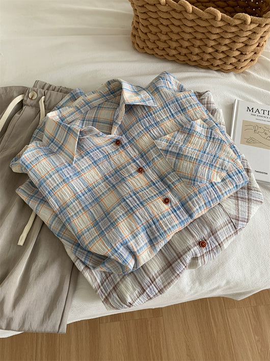 Camisa Cuadriculada de Algodón Retro Lavado Artístico para Mujer - Image 13
