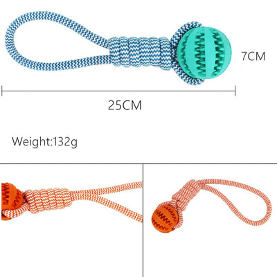 Blue and white braided rope dog toy with a teal rubber treat-dispensing ball for chewing and teeth cleaning. - Image 3