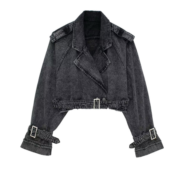 Chaqueta Denim Estilo Francés Ajustada con Cinturón