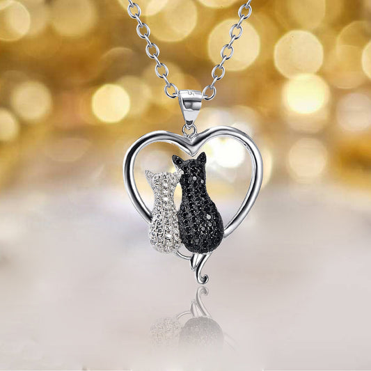Collar de Plata 925 con Gatos Pareja Completo en Diamantes - Colgante para Mujer