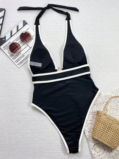 Traje de Baño Enterizo con Tirantes - Diseño Cruzado Negro y Blanco - Image 12