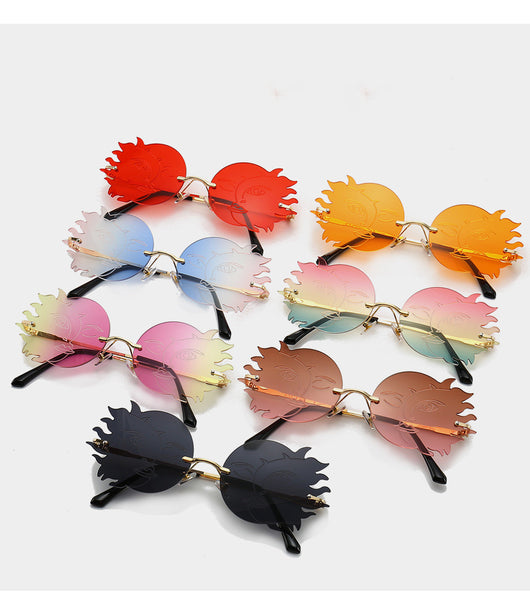 Orange sun-shaped rimless sunglasses with gold metal frames and black earpieces, featuring a smiling face design. - Image 10