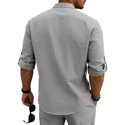 Camisa de Lino Estilo Americano con Cuello Mao y Mangas Medianas para Hombre - Image 31