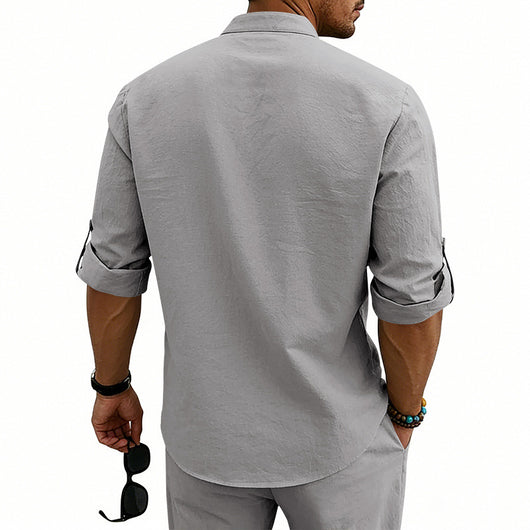 Camisa de Lino Estilo Americano con Cuello Mao y Mangas Medianas para Hombre - Image 31