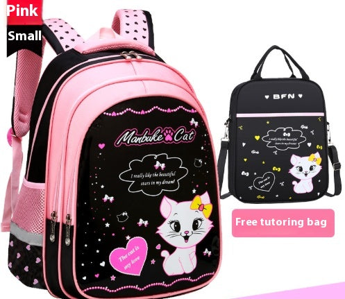 Kids black and pink backpack with a cute white cat print, paired with a matching lunch bag. - Image 15