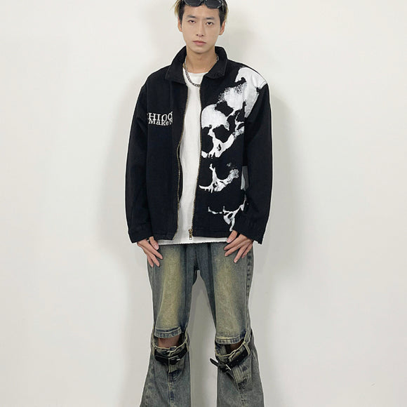 Chaqueta Denim Negra con Estampado de Calavera Bordada