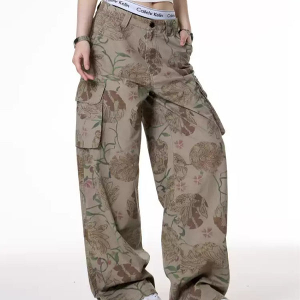 Pantalones Casuales Estilo Hot Girl con Estampado Floral y Bolsillos Grandes