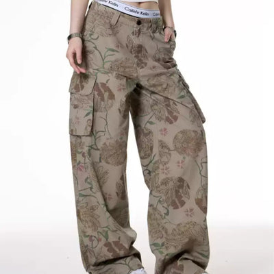 Pantalones Casuales Estilo Hot Girl con Estampado Floral y Bolsillos Grandes