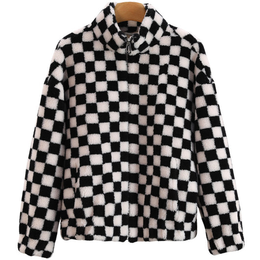 Chaqueta Polar Corta con Cuello Alto y Cierre de Cremallera - Diseño Cuadriculado en Lana - Image 11