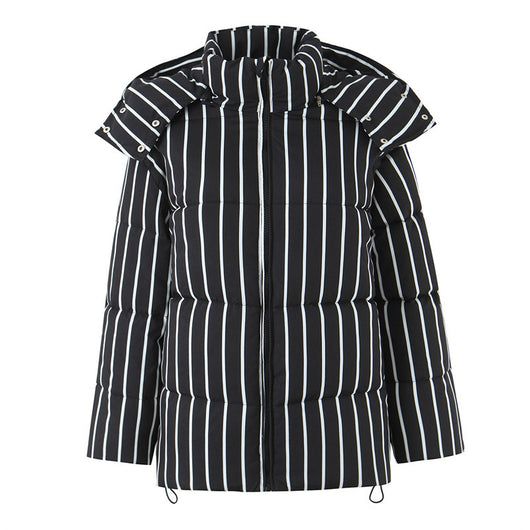 Abrigo de Algodón Negro con Rayas y Capucha para Mujer - Image 4