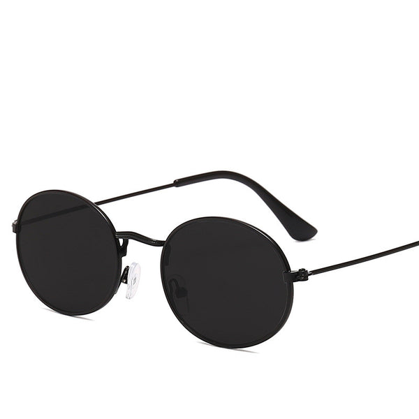 Retro round frame sunglasses with gold metal frames, black lenses, and black temple tips on a white background. - Image 3