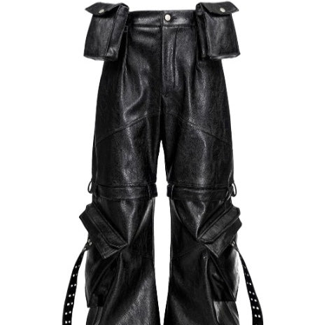 Pantalones de Cuero con Doble Cintura y Cintas Fluidas