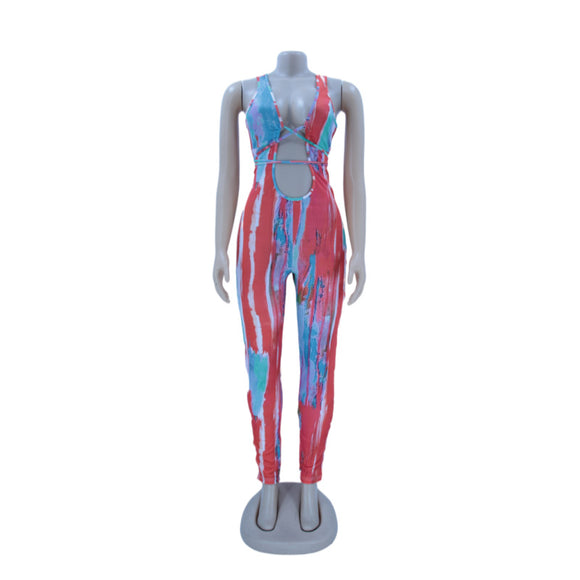 Jumpsuit Fresco de Seda Helada con Estampado y Bandas Refrescantes para Mujer