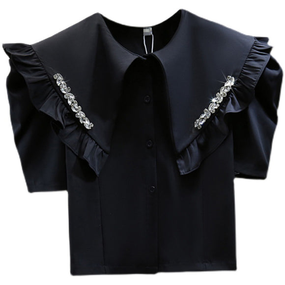 Blusa Corta Cuello Muñeca con Mangas Abullonadas Diamante y Cintura Alta
