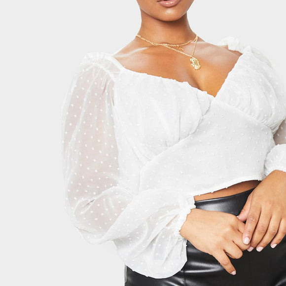 Blusa Manga Abullonada con Malla Entrelazada