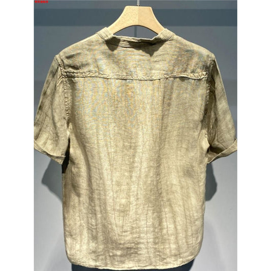 Camisa Vintage Americana de Lino, Cuello Redondo y Manga Corta - Image 2