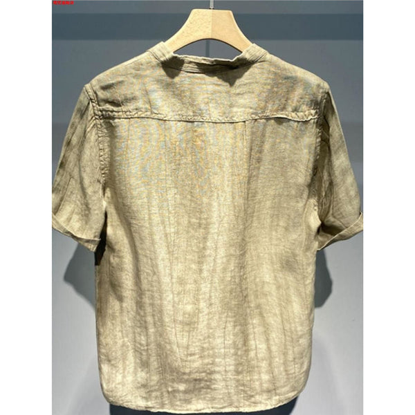 Camisa Vintage Americana de Lino, Cuello Redondo y Manga Corta
