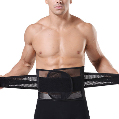 Man wearing a black breathable mesh body shaper slimming belt with adjustable hook-and-loop fasteners. - Image 8