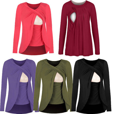 Blusa Maternidad Algodón con Apertura para Lactancia - Cuello Redondo Básico