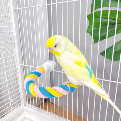 Colorful twisted cotton rope bird perch with plastic end caps, 41.5cm long, for climbing and nibbling.