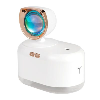 White 2-in-1 mini wireless sunset lamp and air humidifier with a rose gold accent and clear water tank. - Image 15