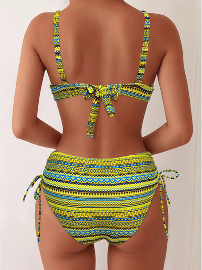 Blue, white, and black geometric print bikini with spaghetti strap bandeau top and high-waisted side-tie bottoms. - Image 15