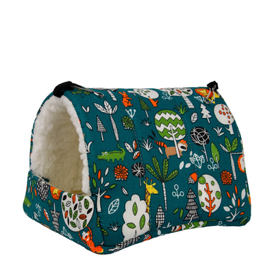 Teal cotton pet nest with a colorful forest pattern, lined with white plush, designed for small birds or parrots. - Image 23