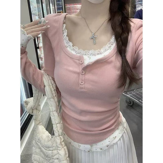Blusa Manga Larga Efecto Dos Piezas con Encaje Floral - Image 8