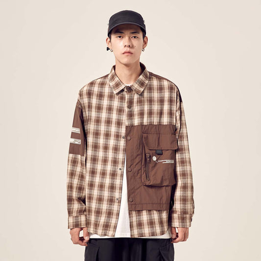 Camisa Cuadros Holgada con Bolsillos Cosidos y Hombros Caídos