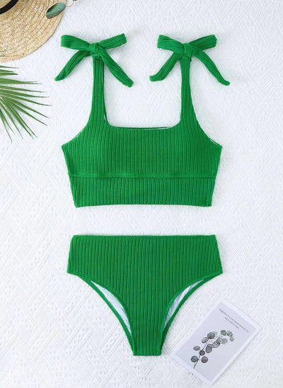 Green textured knit two-piece swimsuit with a square-neck crop top and high-waisted bottoms, featuring tie-shoulder straps. - Image 14