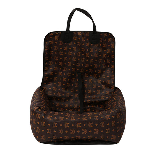 Brown and white patterned pet car seat with black trim and handles, designed for comfortable and secure pet travel. - Image 7