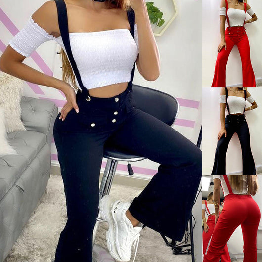 Pantalones Acampanados Cintura Alta con Tirantes Estilo Europeo - Image 7