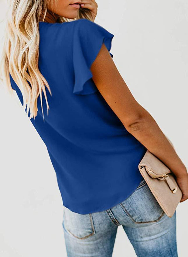 Blusa Elegante con Cuello en V, Botones y Mangas Fruncidas