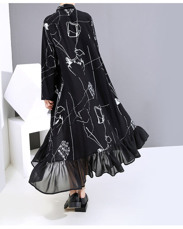 Vestido Suelto de Chifón Negro con Volantes para Mujer