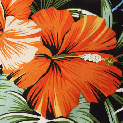 Family matching Hawaiian outfits: men's shirt and shorts, women's off-shoulder maxi dress, girl's dress, boy's shirt and shorts, all with black, orange hibiscus - Image 20
