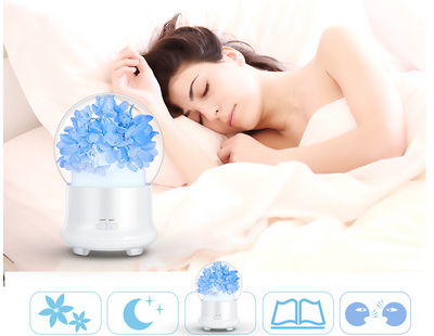 White aromatherapy machine with a clear dome top, featuring blue preserved flowers and an aqua glow. Includes 'LIGHT' and 'MIST' controls. - Image 5