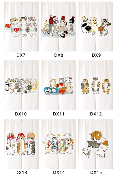 White segmented fabric door curtain with a cartoon design of three cats cooking and surrounded by fried eggs. - Image 9