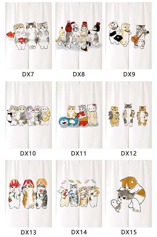 White segmented fabric door curtain with a cartoon design of three cats cooking and surrounded by fried eggs. - Image 9