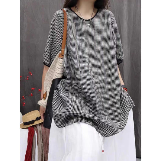 Camisa Cuadros Oversize Artística de Manga Tres Cuartos Estilo Vintage - Image 2